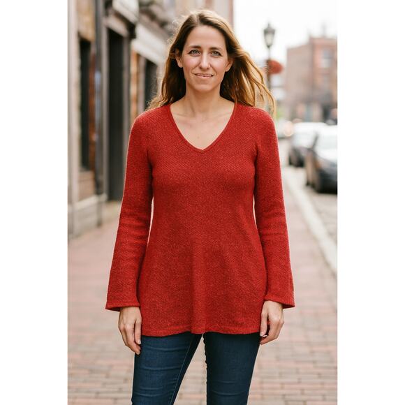 J Jill V Neck Sweater Womens Size Medium Waffle Knit Pullover Cotton Blend Red - Picture 1 of 9